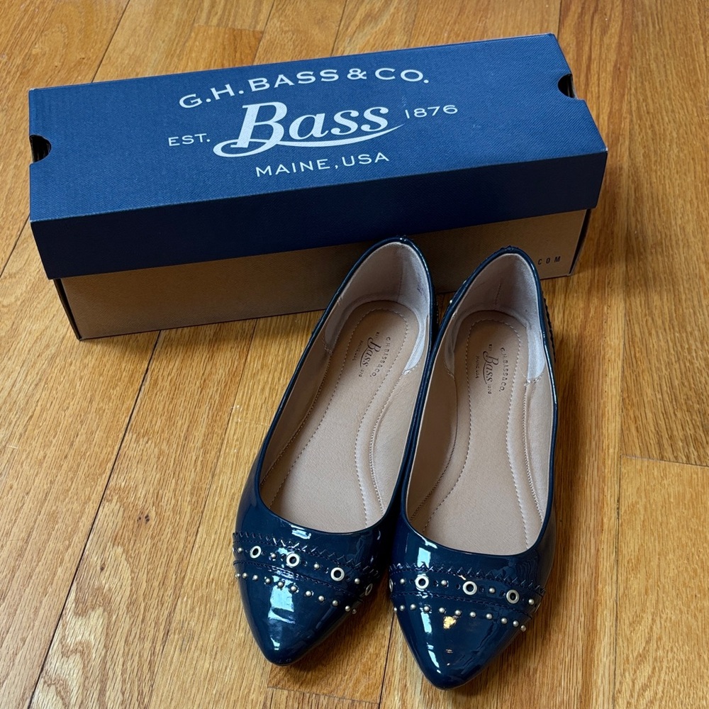 G.H. Bass & Co. Navy Patent Pointed-Toe Flats with Stud Detail